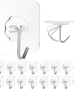 ZESLMG Adhesive Wall Hooks for Hanging. 16 Pack Self Sticky Hooks Heavy Duty 22lb Clear. Removable Shower Hook No Damage for Towel Key Coat Wreath Picture Outdoor Ceiling Bathroom Kitchen. Waterproof