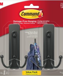 Command Large Matte Black Double Hooks. 2 Hooks and 2 Strips. Damage Free Hanging Wall Hooks with Adhesive Strips. No Tools Coat Hooks for Hanging Home Decor. Holds up to 4 lb