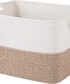 OIAHOMY Woven Storage Basket for Shelves. Rectangle Cotton Rope Baskets for Organizing. 13 x 10 x 9 in. Storage Bins for Dog Toys.Towel.Books.Gift.Brown and White